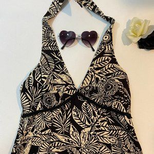 Black & Beige Halter Batik Print Flowers Leaves